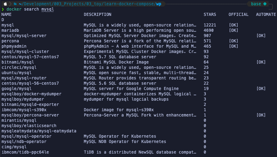 result to enter command 'docker search mysql' in terminal.